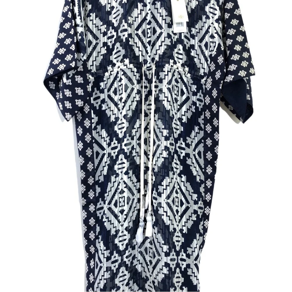 TORY BURCH Beatrice Blue White Geometric Fringe Caftan Beach Cover Up Dress
